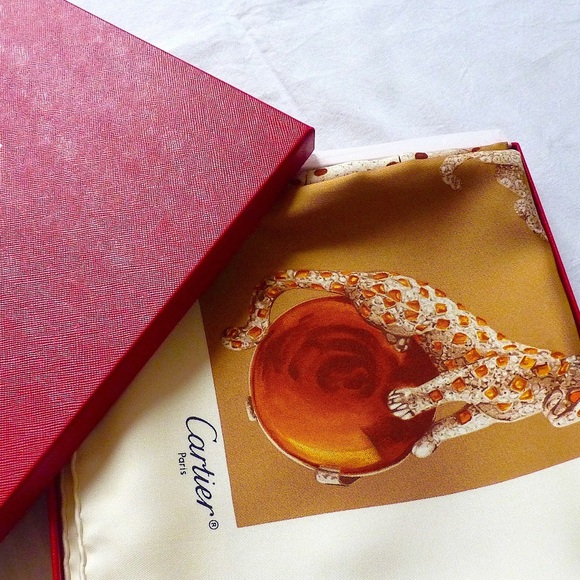 CARTIER PARIS Jeweled Panthere Silk Scarf In Orginal Cartier Box.